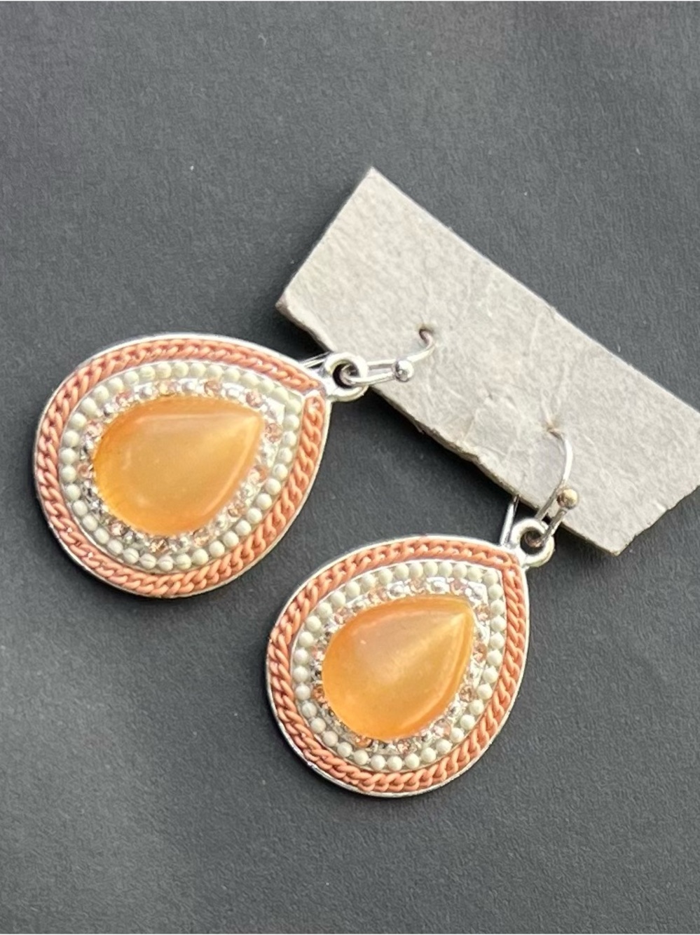 Teardrop Orange Stone Dangle Earrings with Mixed Metal Accents